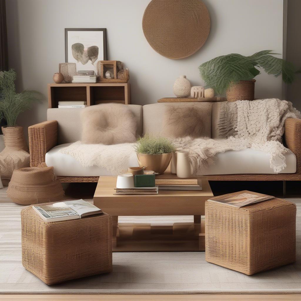 Wicker cube storage in a living room setting, showcasing its versatility and stylish appeal.