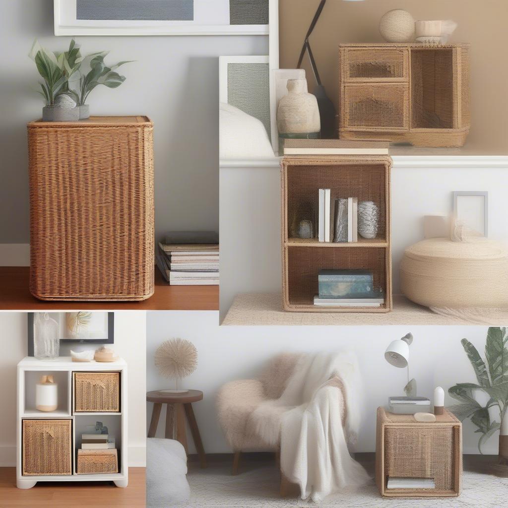 Various ways to organize with wicker cube storage, showcasing different configurations and uses.