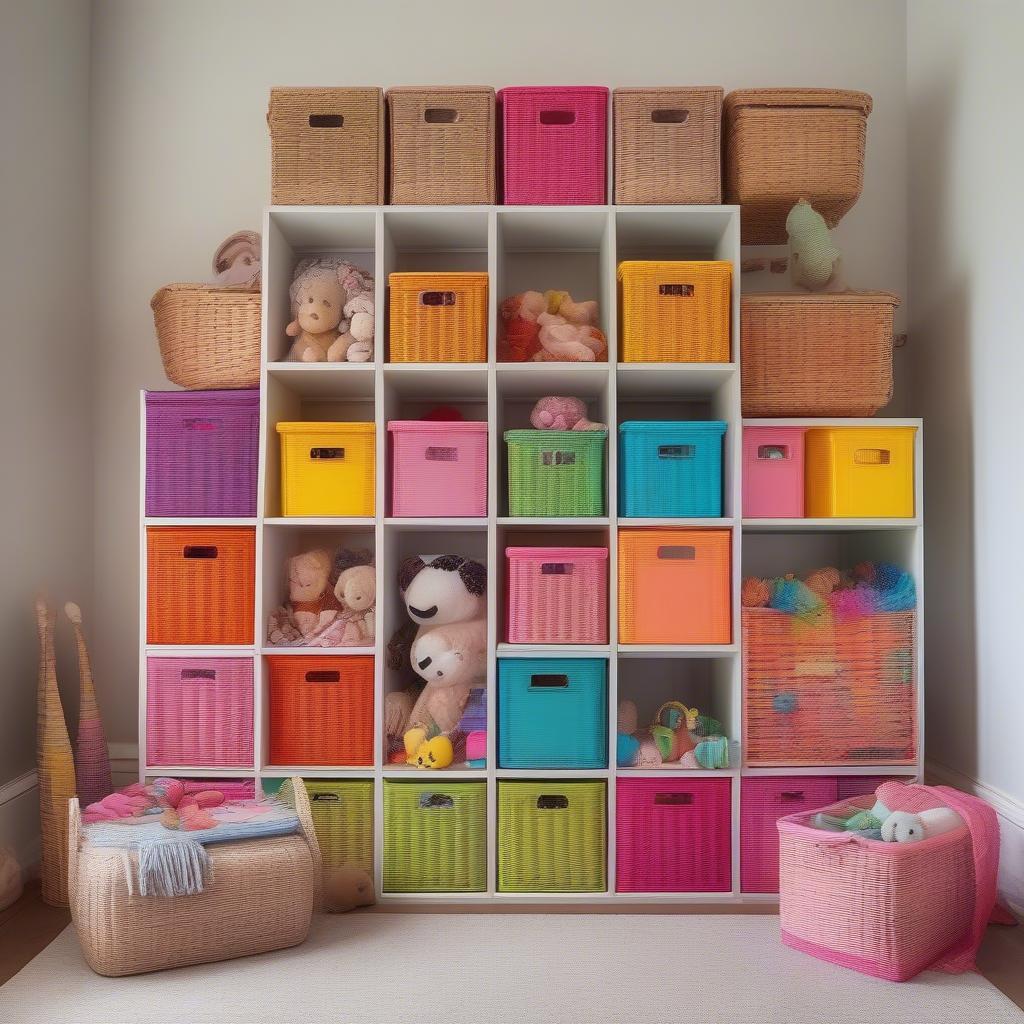 Wicker cube storage boxes neatly organizing toys and clothes in a child's bedroom.