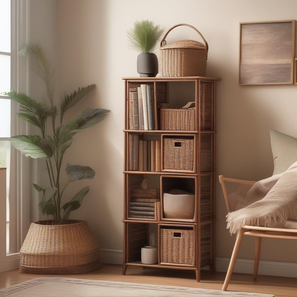 Wicker cube storage shelf in a living room setting, showcasing its versatility and stylish design.