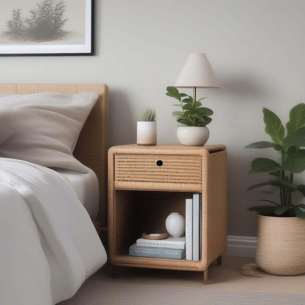 Wicker cube storage stacking used as a nightstand in a bedroom setting.