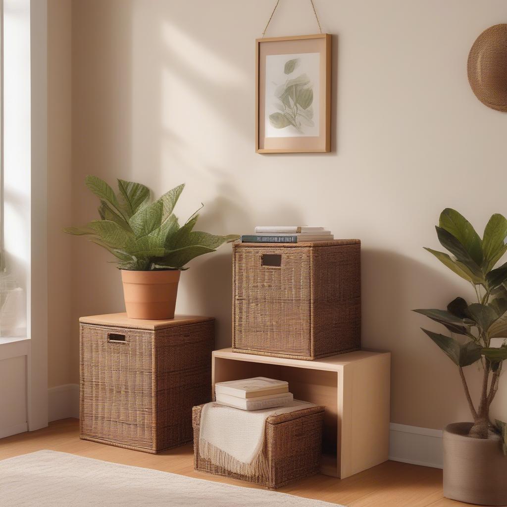 Wicker cube storage stacking units in a living room, showcasing their versatility and natural aesthetic.