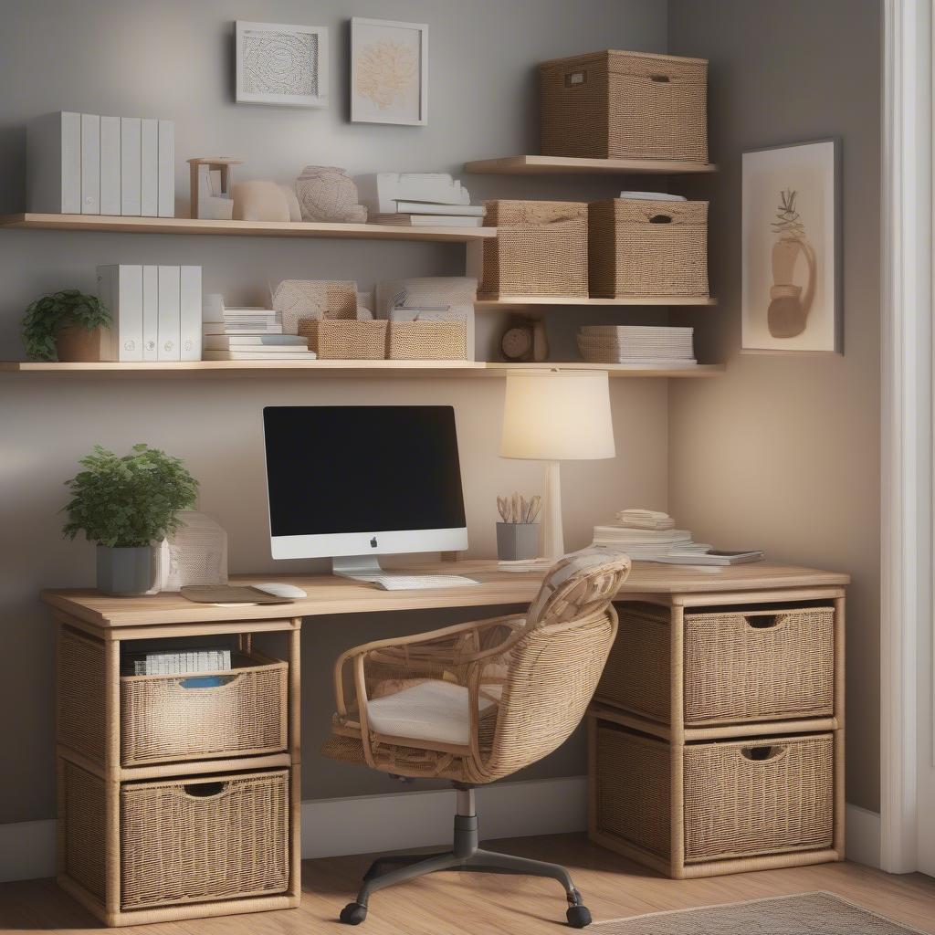 Wicker cube storage stacking used as a storage solution in a home office.