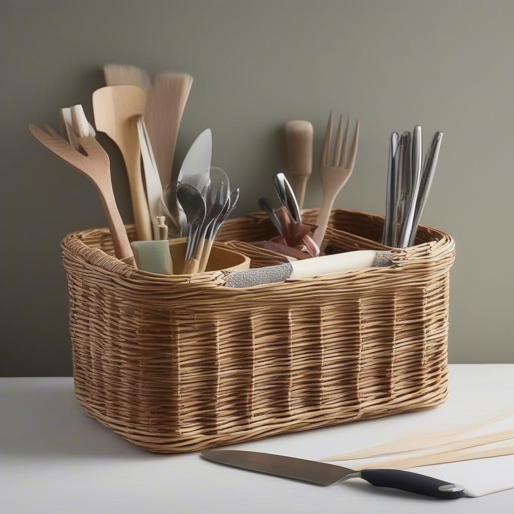 A wicker cutlery basket holder used to organize art supplies.