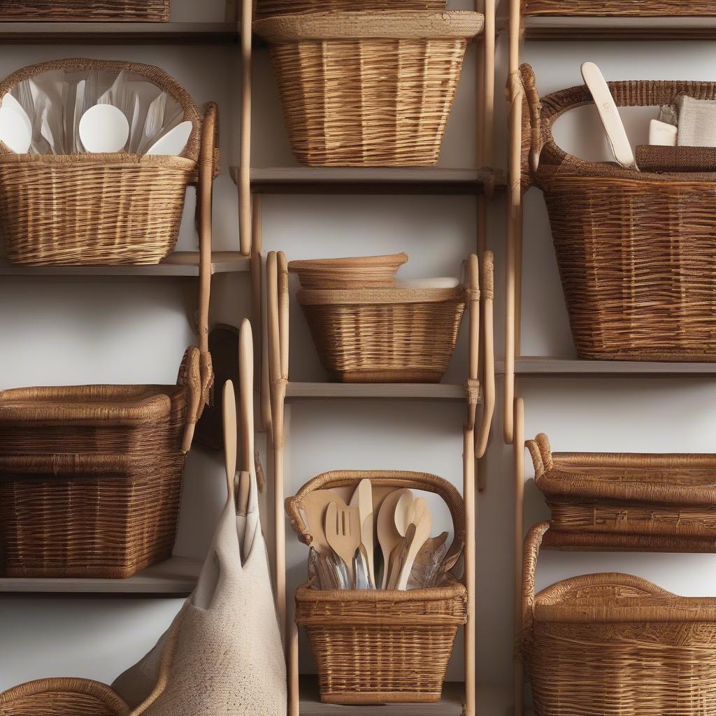 Various styles of wicker cutlery basket holders showcasing different shapes, sizes, and weaves.