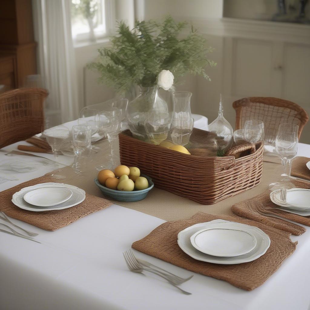 A beautifully set table featuring a wicker cutlery basket holder as the centerpiece.