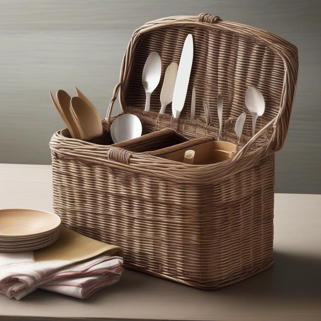 Various styles of wicker cutlery holders, showcasing different sizes, shapes, and materials.