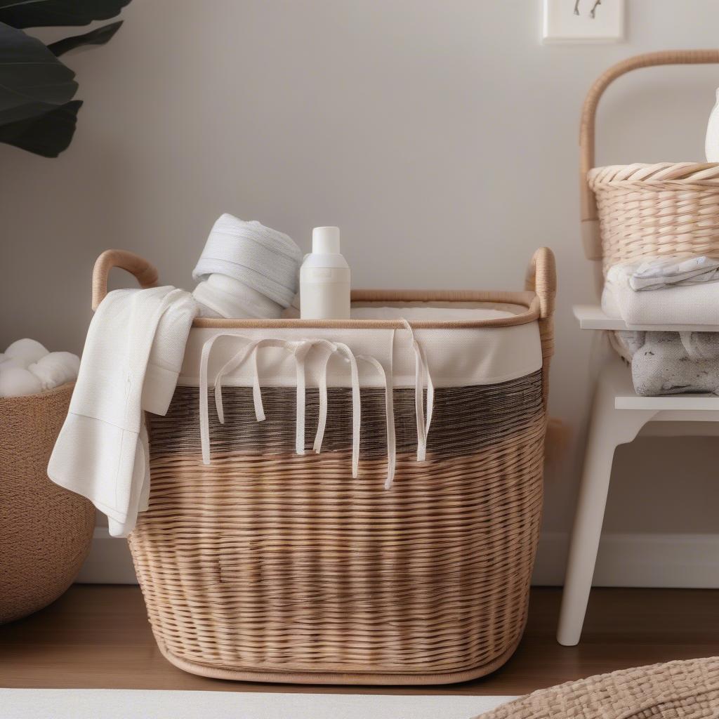 Wicker diaper storage basket in a modern nursery setting with neutral colors.