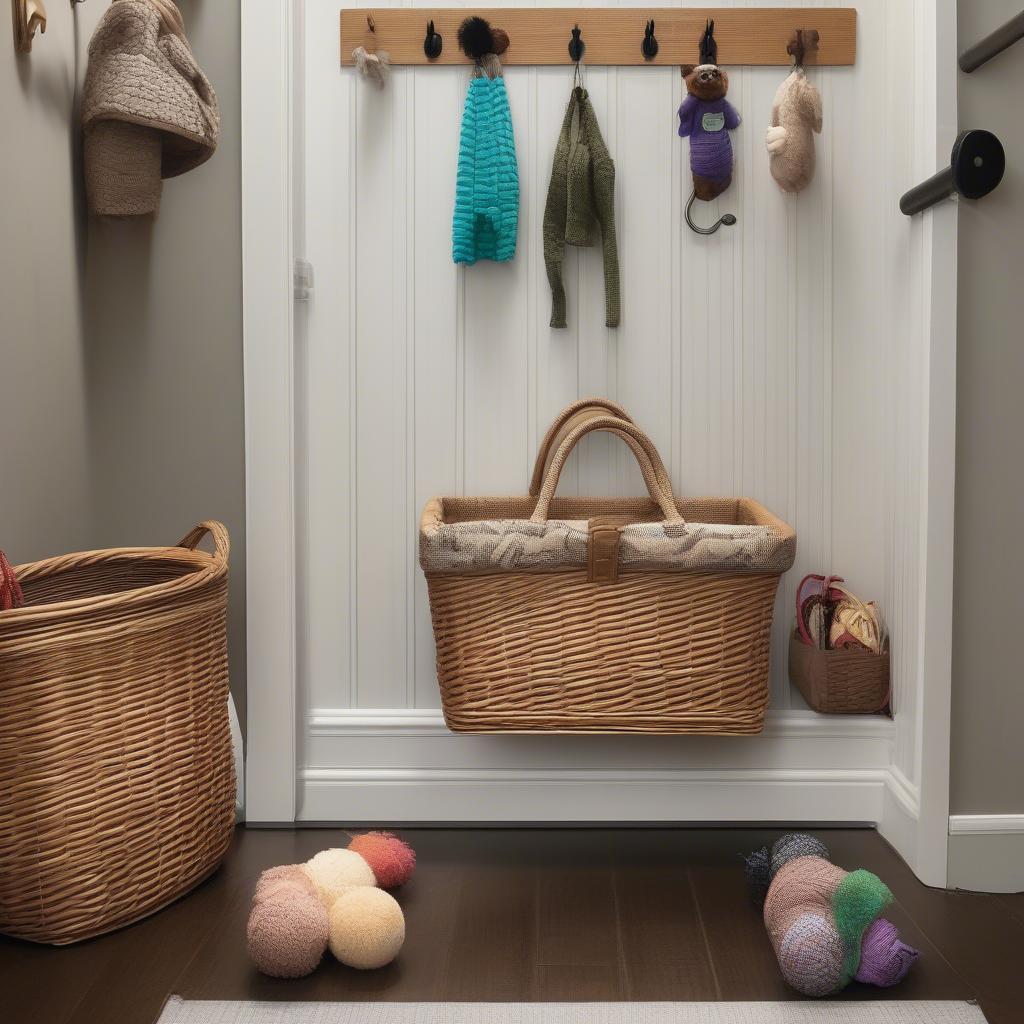 Wicker dog toy basket in a mudroom