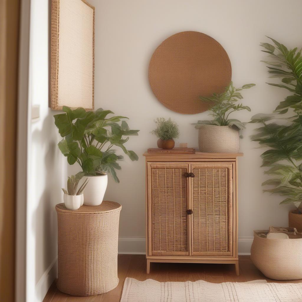 Wicker door cabinet in a living room setting, showcasing its natural elegance and storage capabilities.