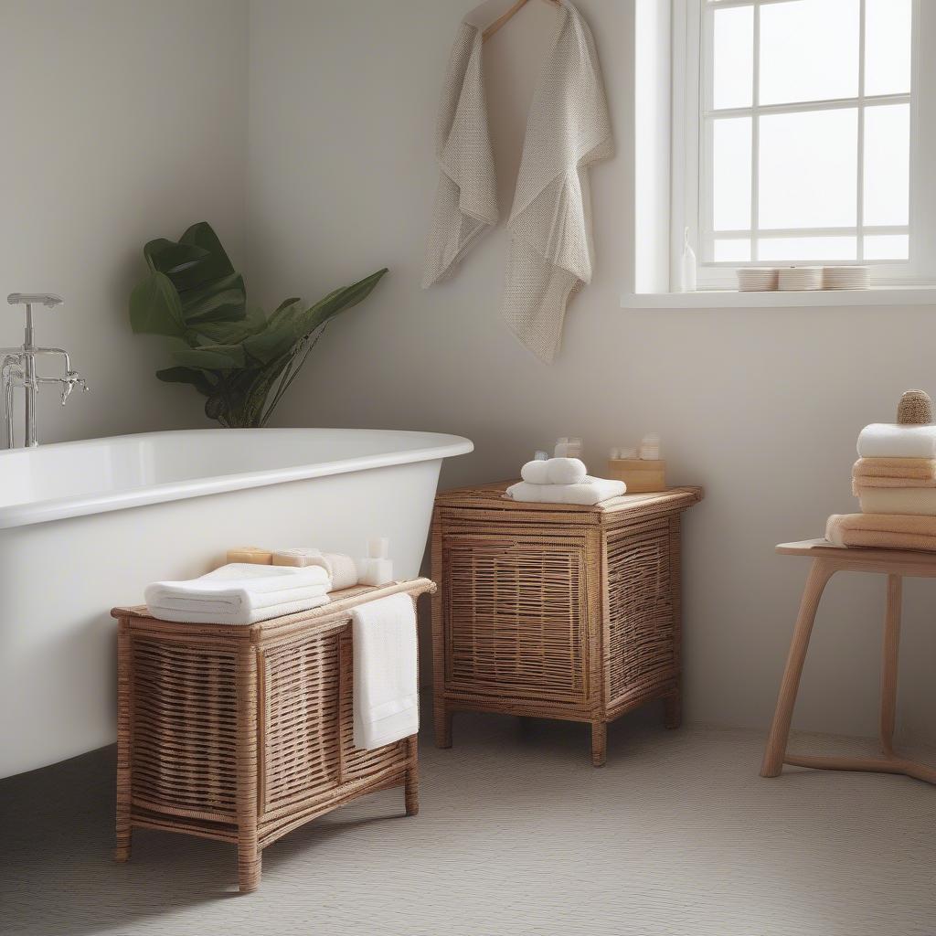 A wicker drawer cabinet used as storage in a bathroom, demonstrating its practicality in various settings.