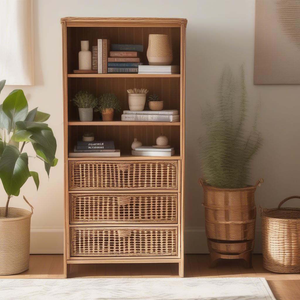 Wicker drawer cabinet in a living room setting, showcasing its natural beauty and versatile storage capabilities.