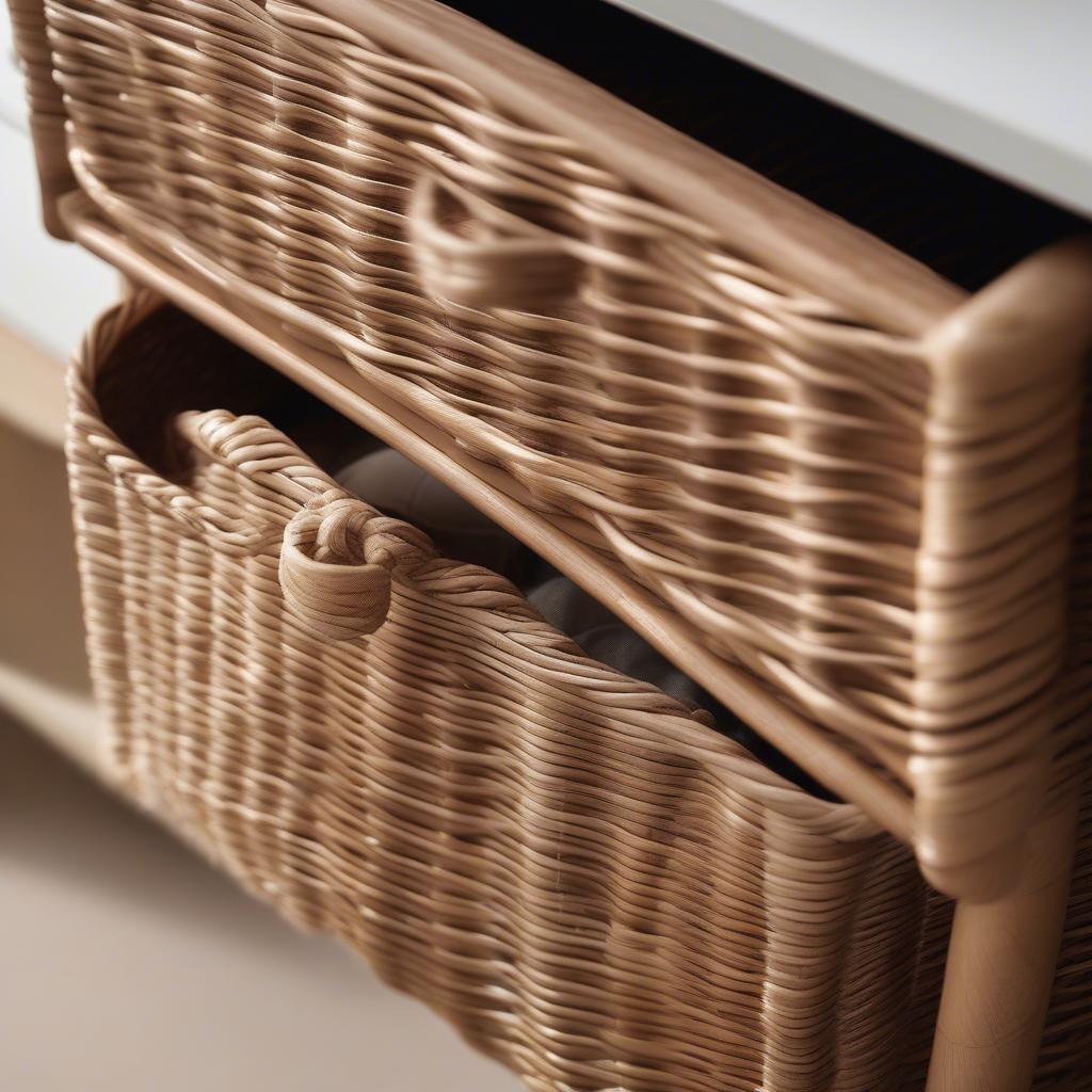 Close-up view of a wicker drawer, highlighting the intricate weaving and natural texture.