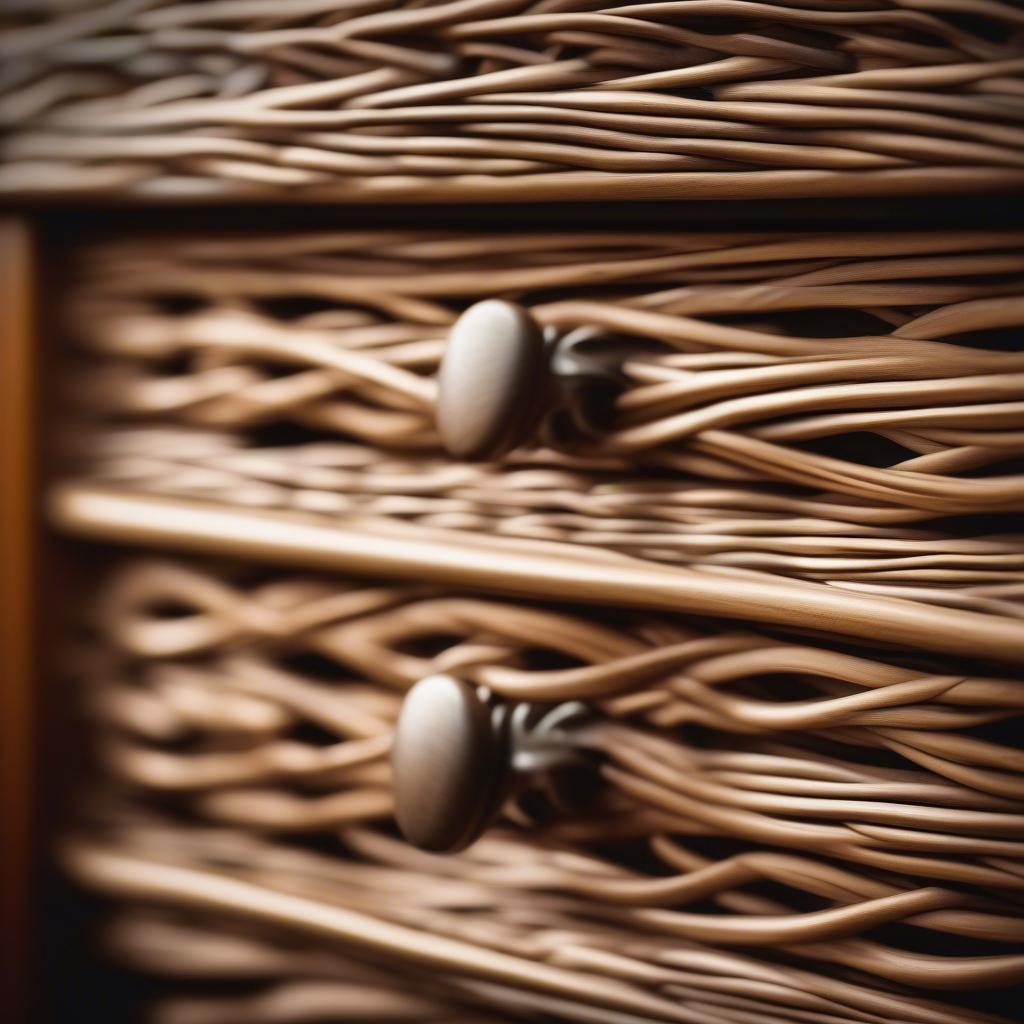 Close-up detail of a wicker drawer, highlighting the intricate weave and natural texture.