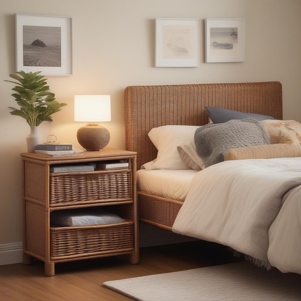 Wicker drawer storage used as a nightstand in a bedroom setting.