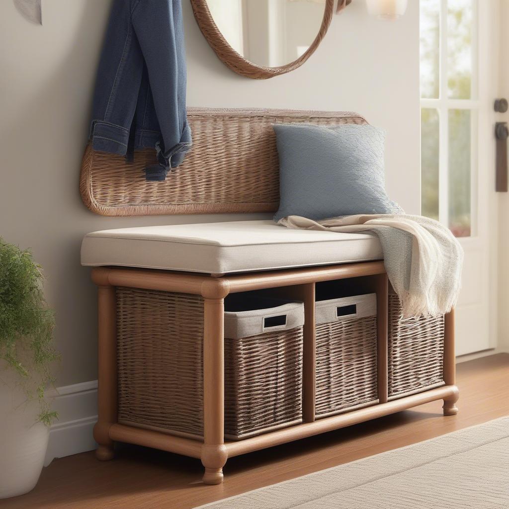 Wicker drawer storage bench with cushions in a bright entryway, showcasing its storage capabilities and stylish design.