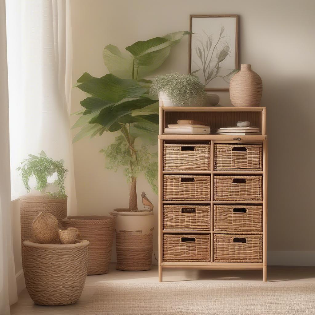 Wicker drawer storage unit in a living room, showcasing its natural beauty and functionality