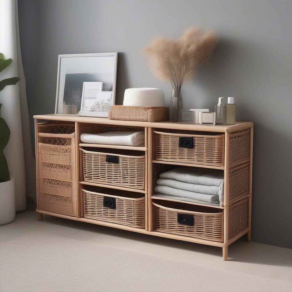 Wicker drawer storage units with dividers used in various rooms, such as a bedroom, bathroom, and living room.