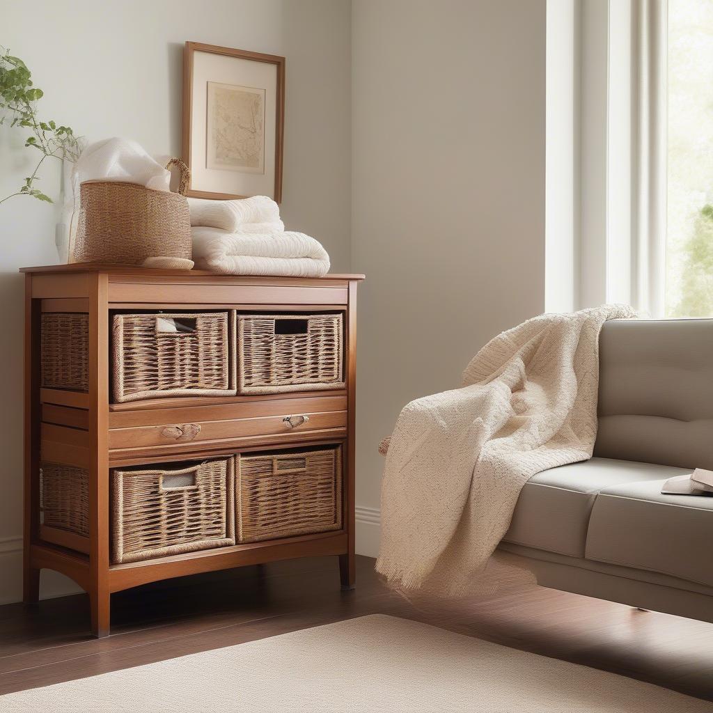 Wicker drawer storage unit in a living room setting, showcasing its natural charm and practicality.