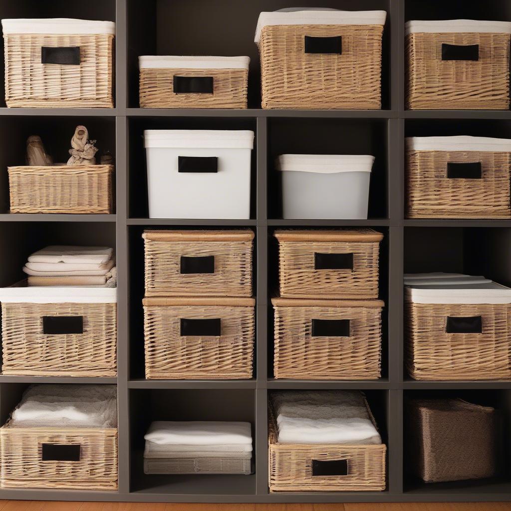 Various wicker drawer storage units with dividers showcasing different sizes, styles, and configurations.