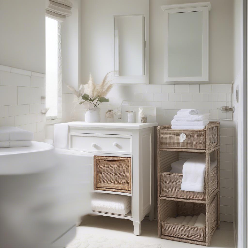 White wicker drawer storage unit in a bathroom, storing towels and toiletries.