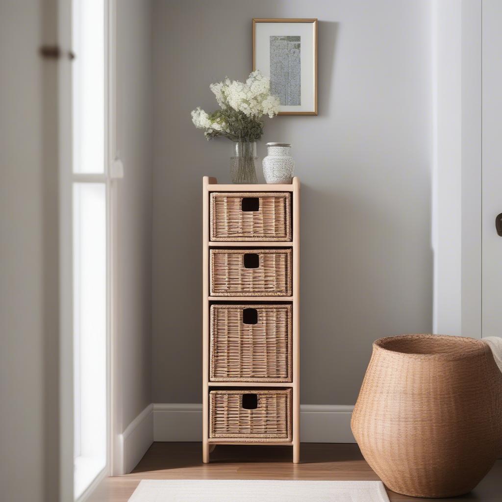 Wicker drawer unit placed strategically in a hallway for functional and aesthetic storage.