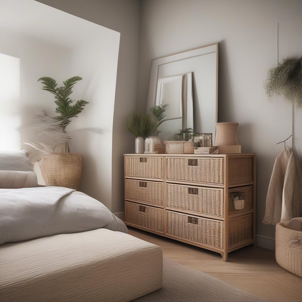 Wicker Storage Drawers in a Bedroom Setting