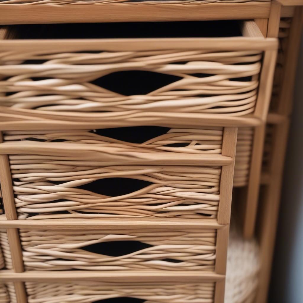 Close-up detail of wicker drawers on a wooden storage unit