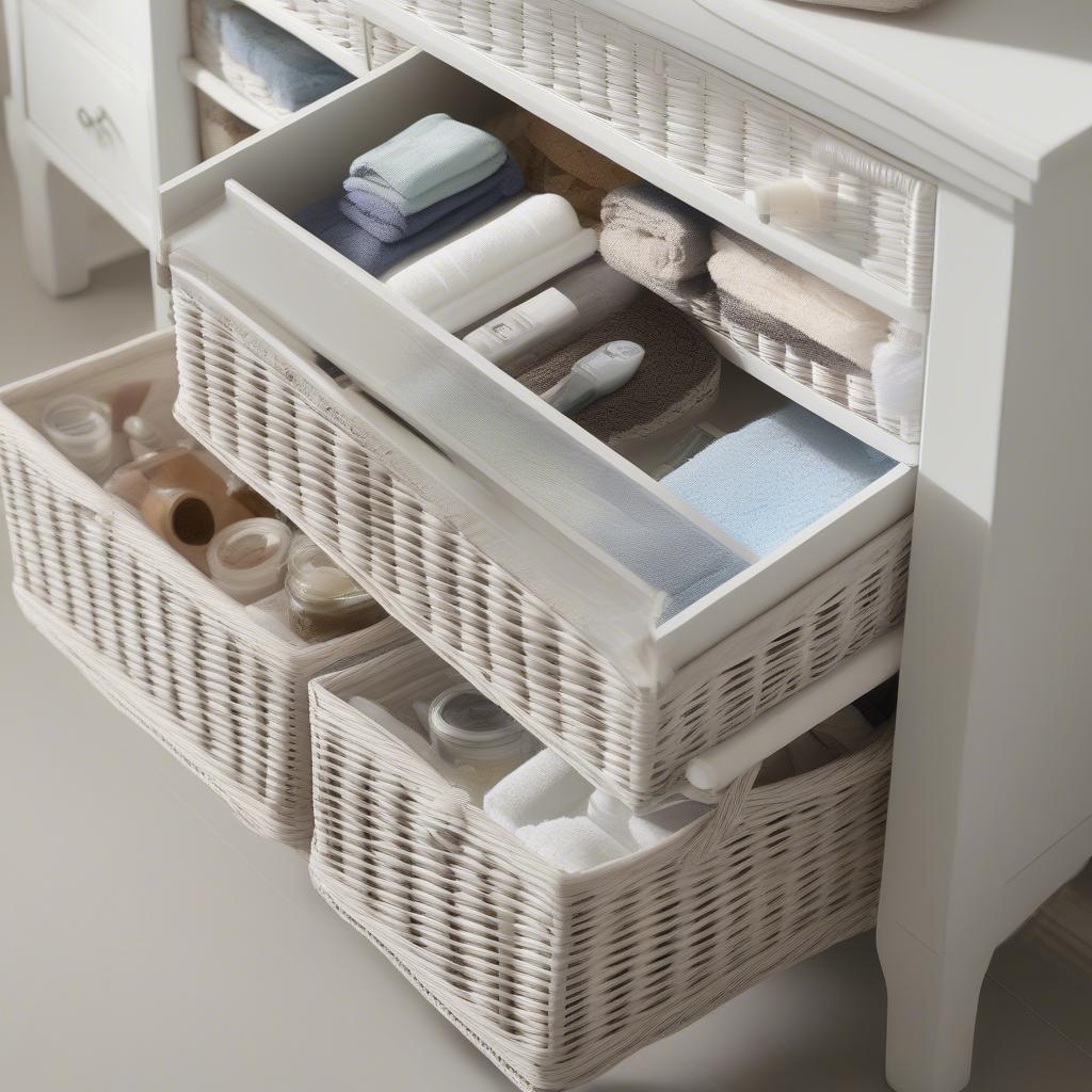 Wicker dresser with organized towels and toiletries