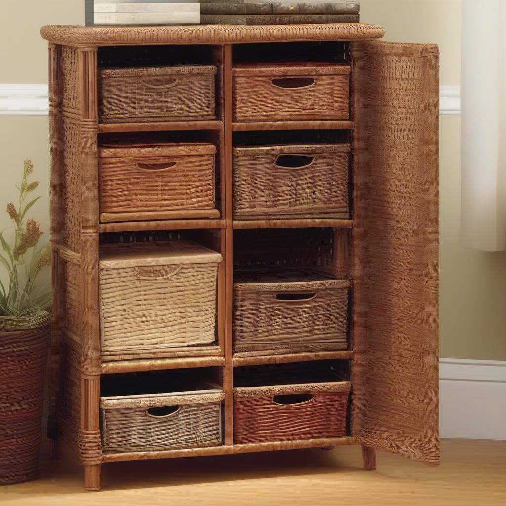 Variety of wicker DVD storage baskets showing different sizes and styles.