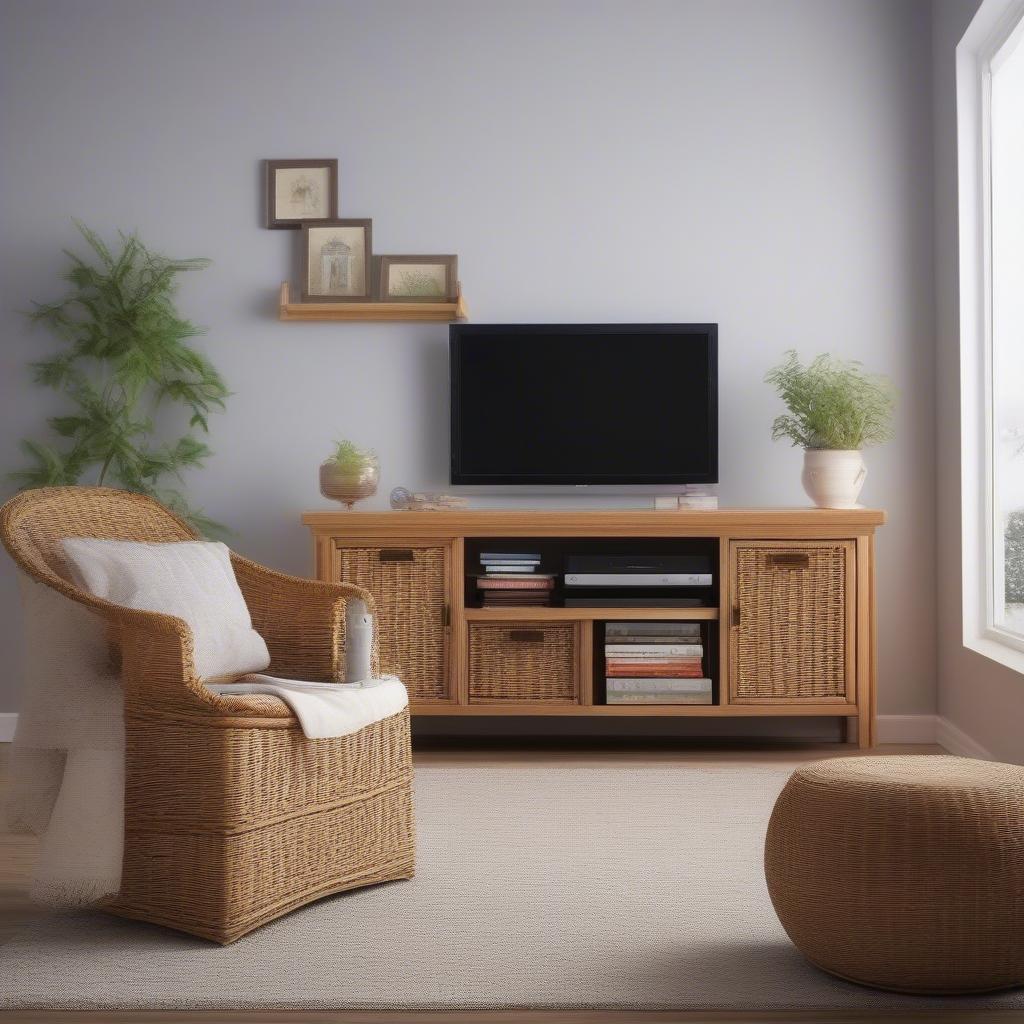 Wicker DVD storage basket placed next to a TV stand in a living room setting.