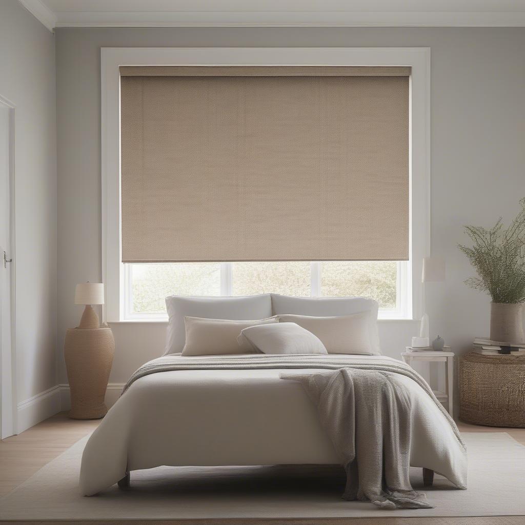 Wicker effect roller blinds in a bedroom setting