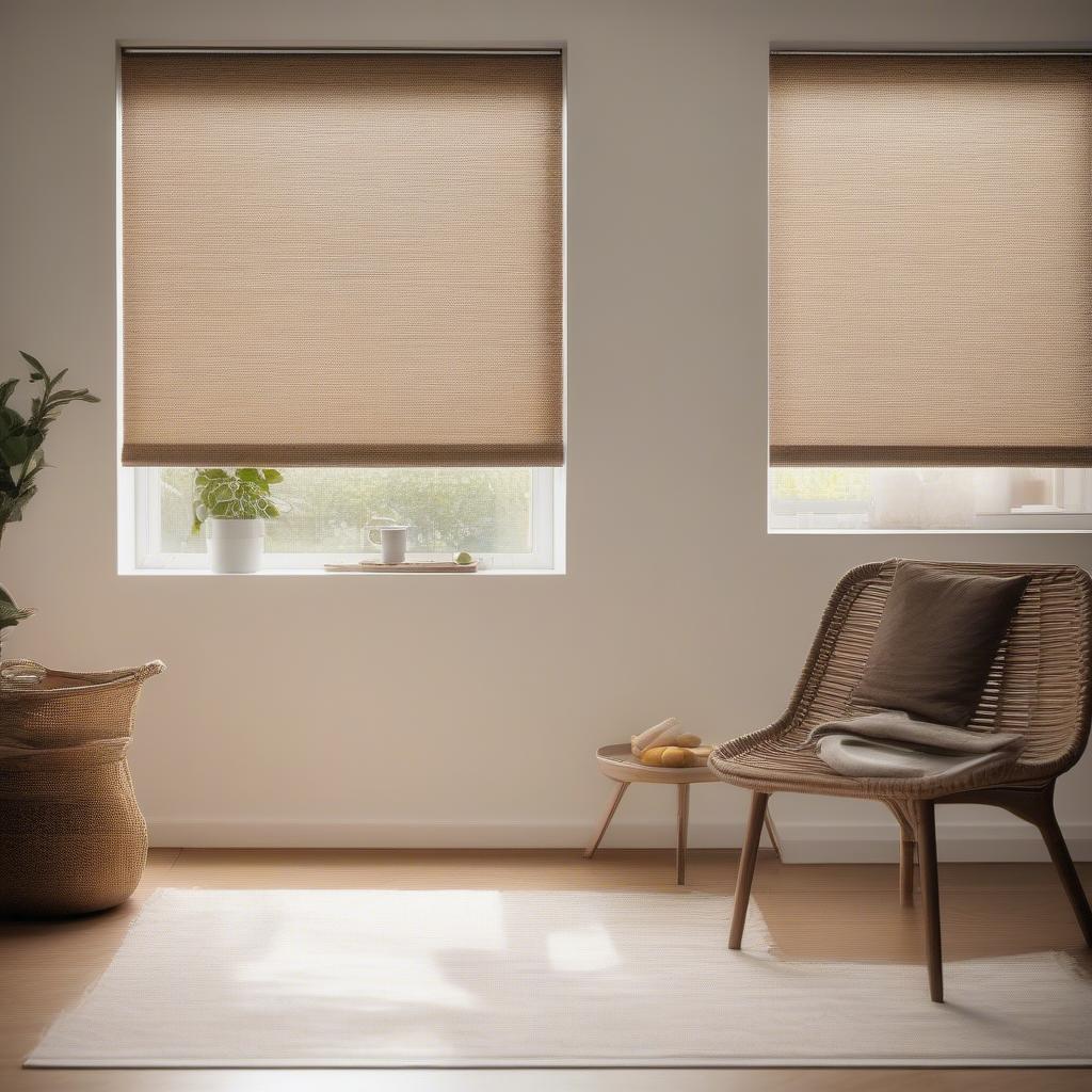 Wicker effect roller blinds in a living room setting