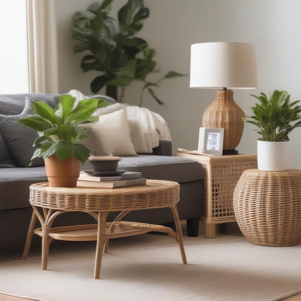 Wicker end table in a living room setting