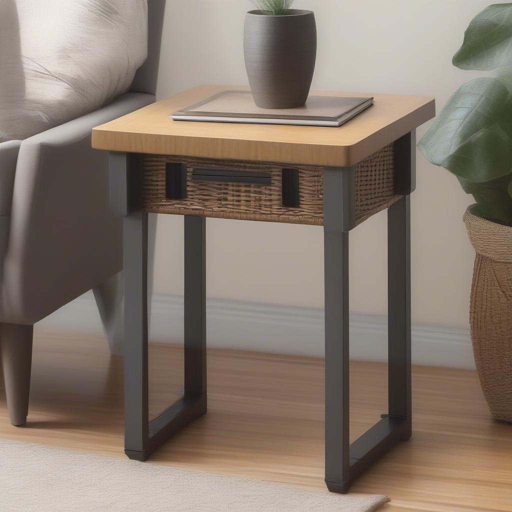 Wicker end table dimensions being measured with a tape measure