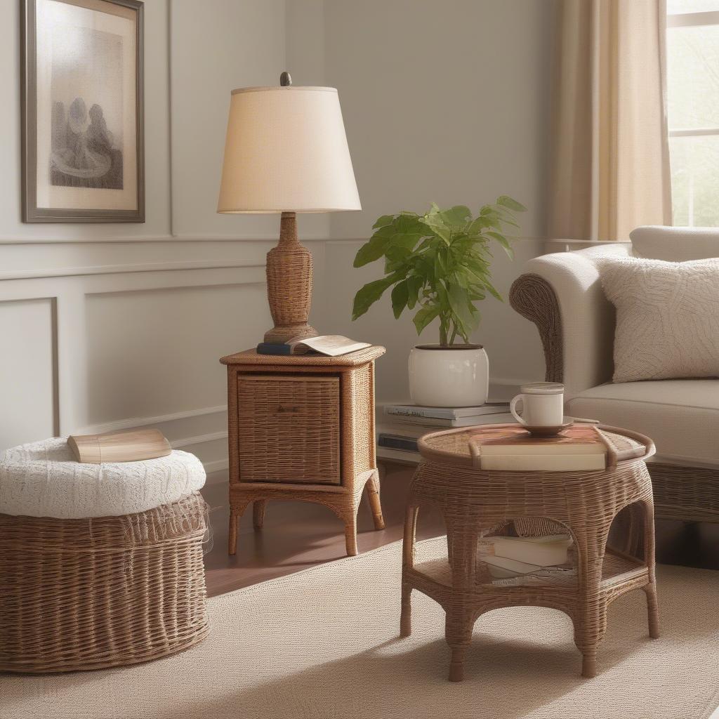 Wicker end table with storage in a cozy living room setting