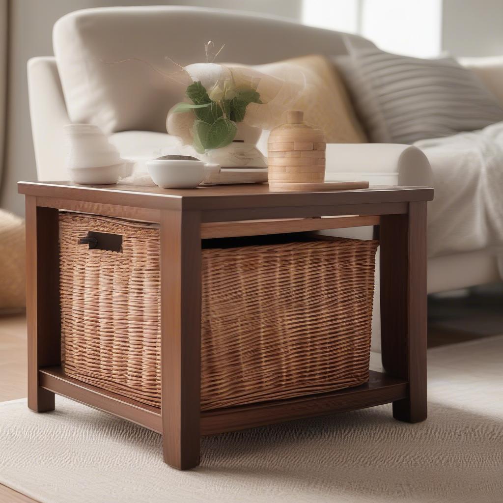 Wicker end table with storage in a living room setting