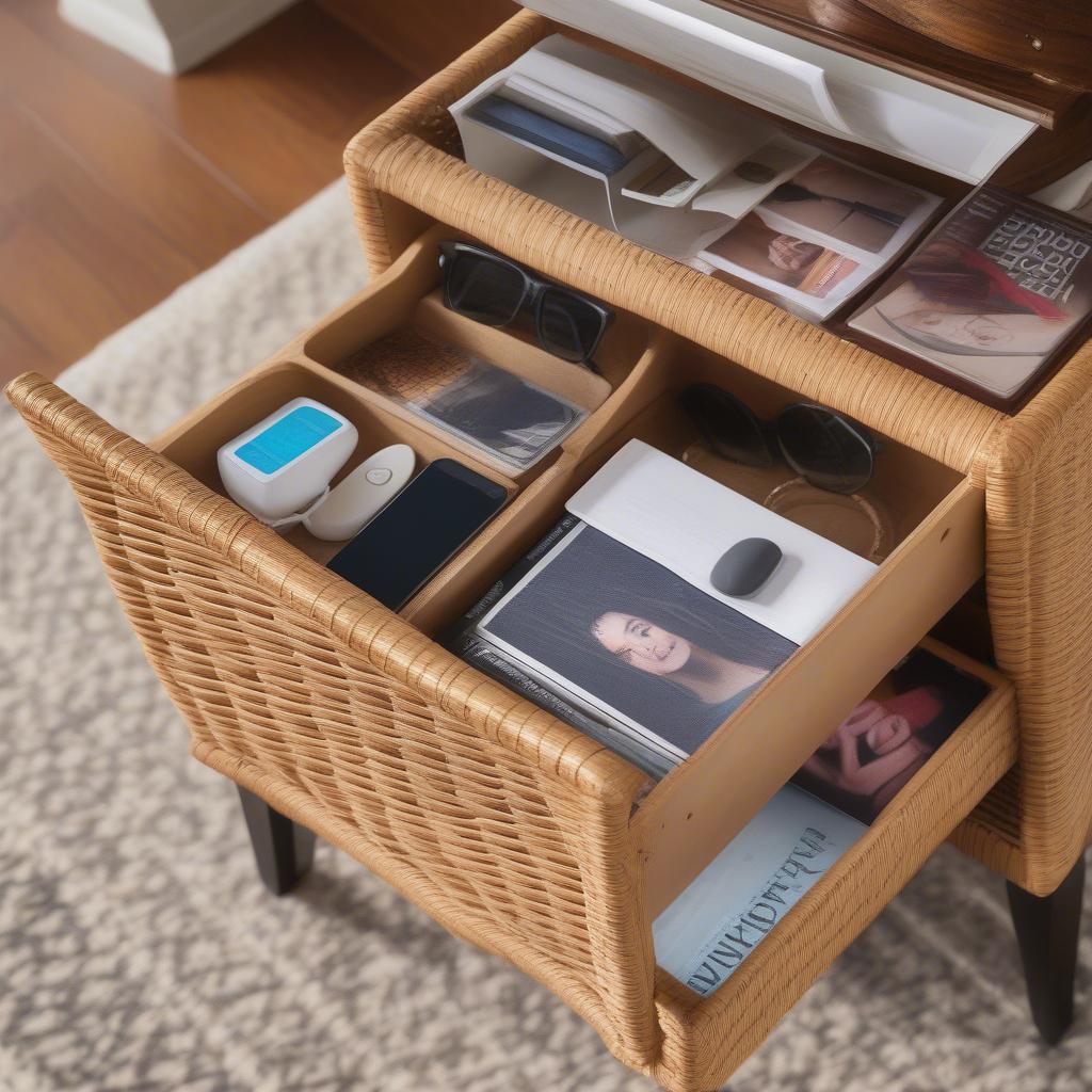 Wicker end table with organized storage compartment