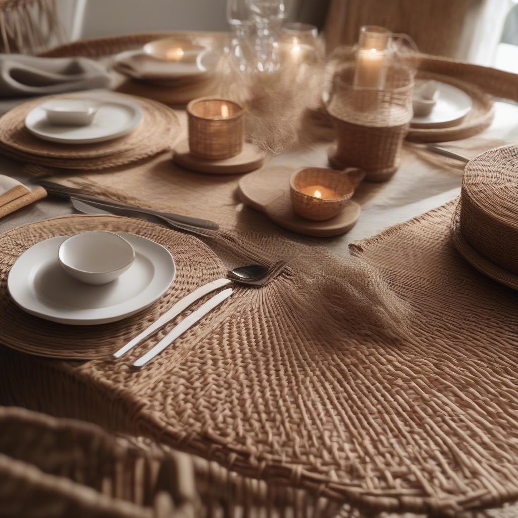 Wicker fan placemats on a dining table setting.