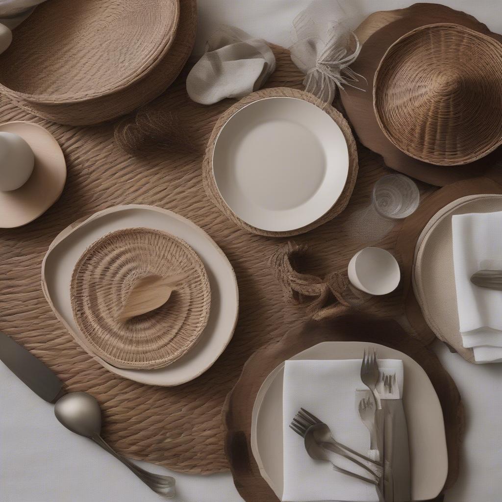 Wicker fan placemats in a rustic table setting.