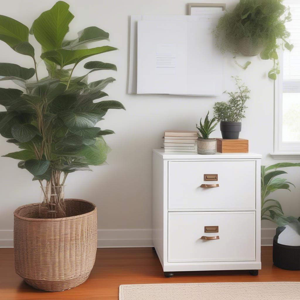 Wicker file cabinet in a home office setting, showcasing its natural beauty and organizational capabilities.