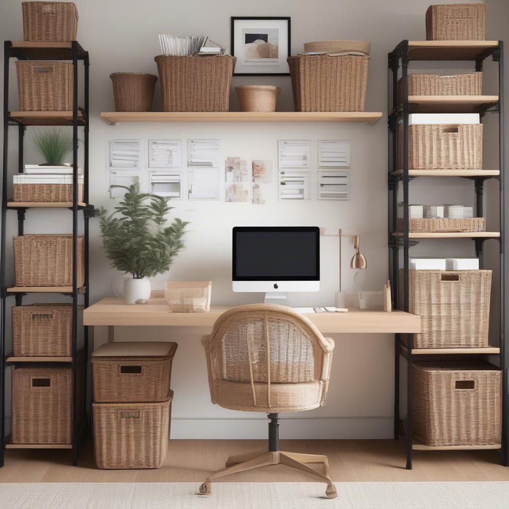 Wicker file storage baskets in a home office setting