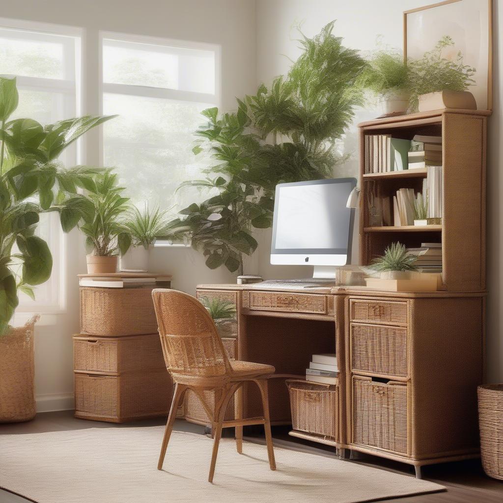 Wicker filing cabinet in a home office setting