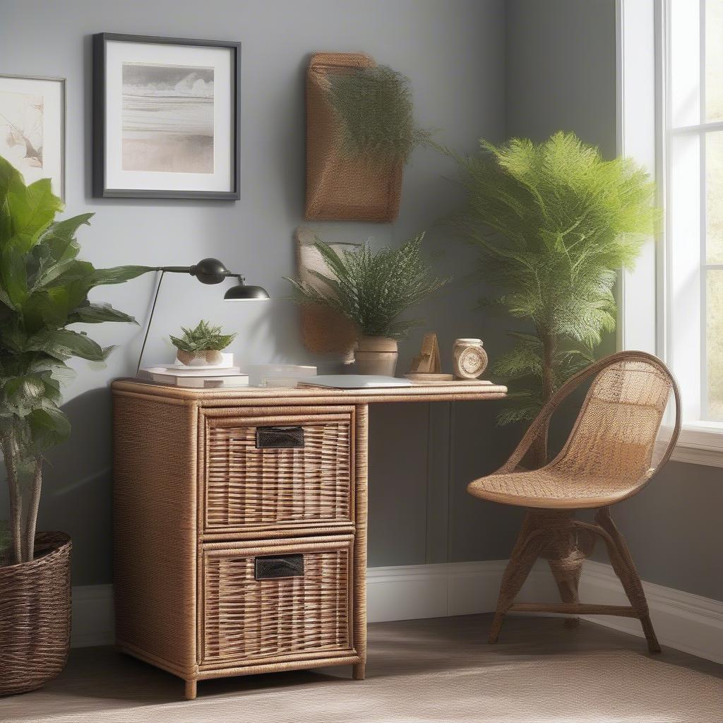 Wicker filing cabinet in a home office setting.