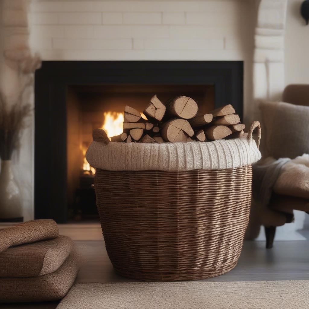 Wicker firewood basket in a cozy living room setting, showcasing its rustic charm and practicality.