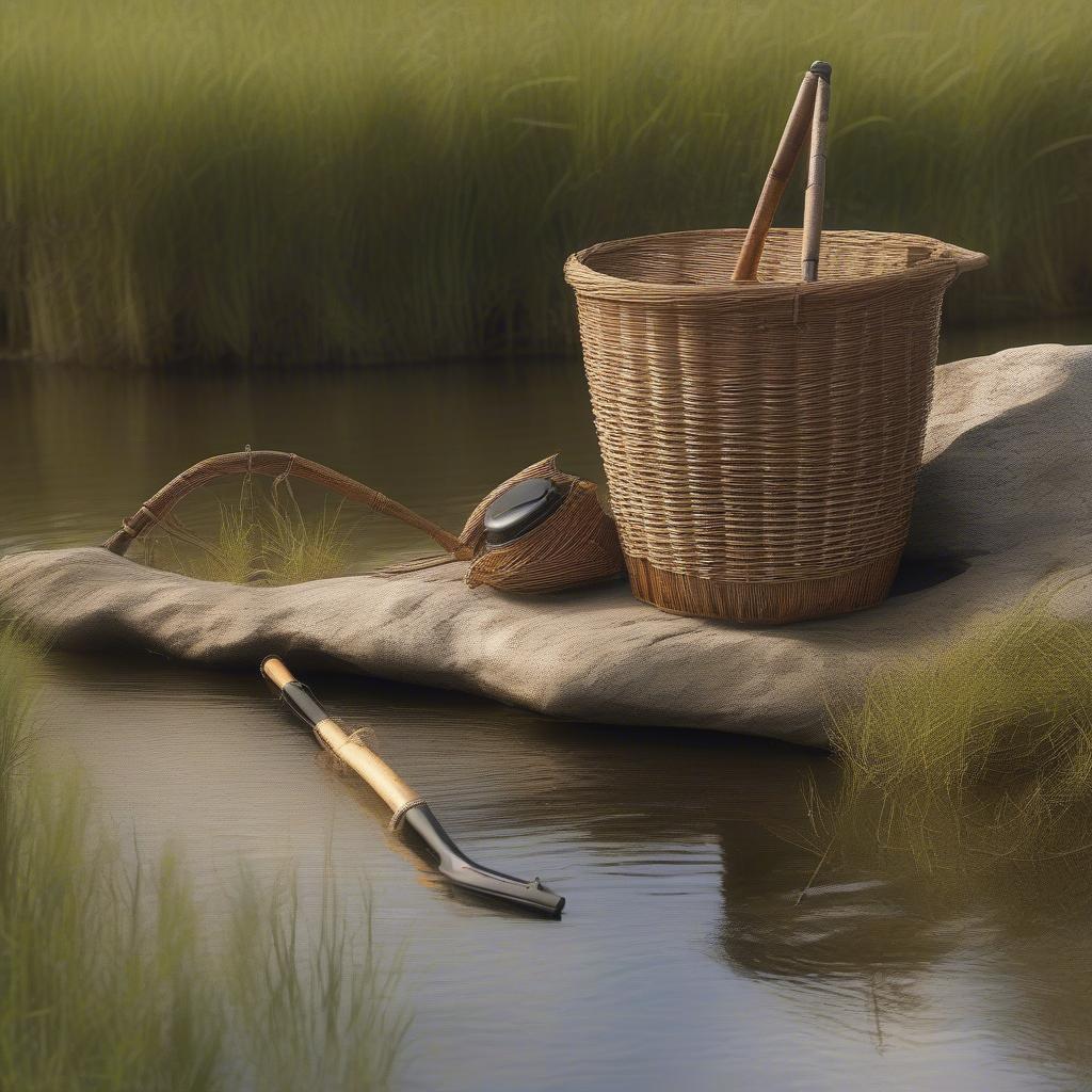 Wicker fishing basket or creel sitting on a riverbank with fishing rod leaning against it