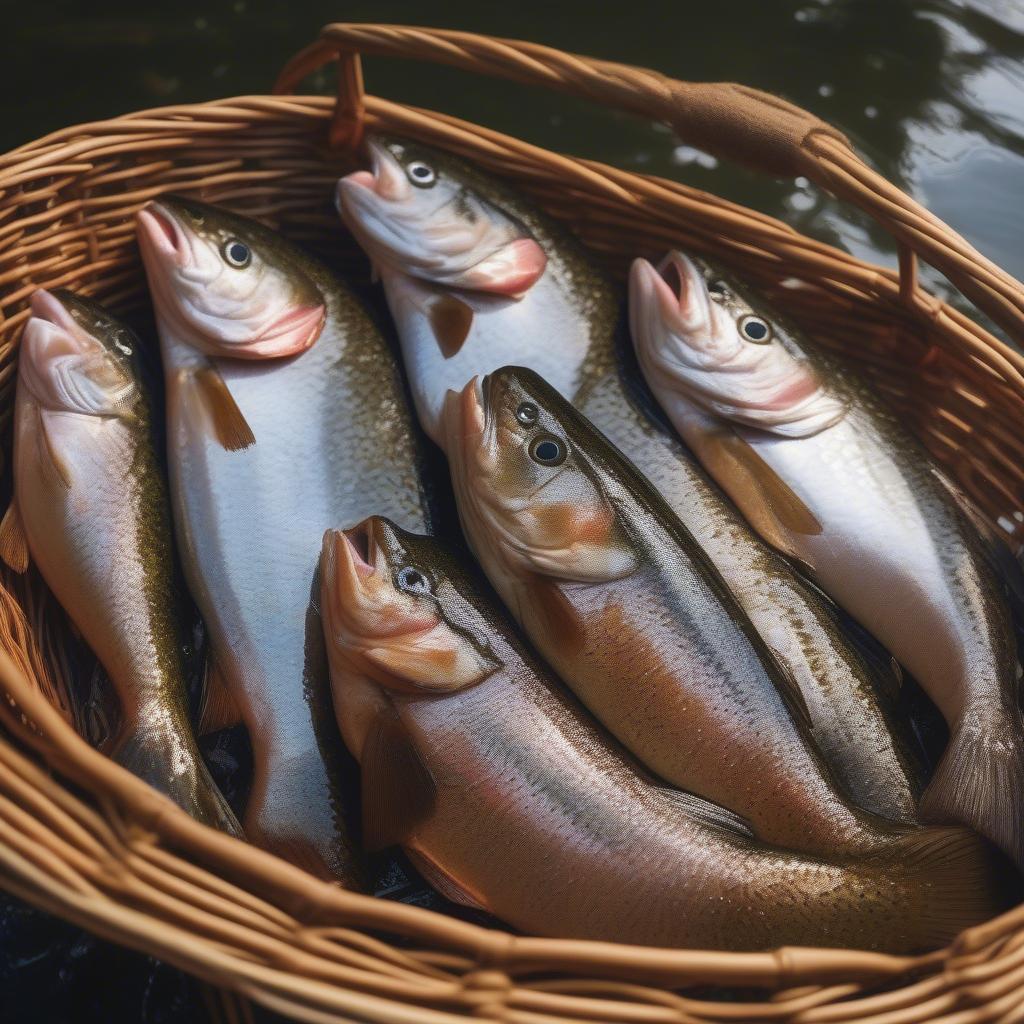 Wicker fishing basket filled with freshly caught trout, showcasing its traditional design and practicality for anglers.