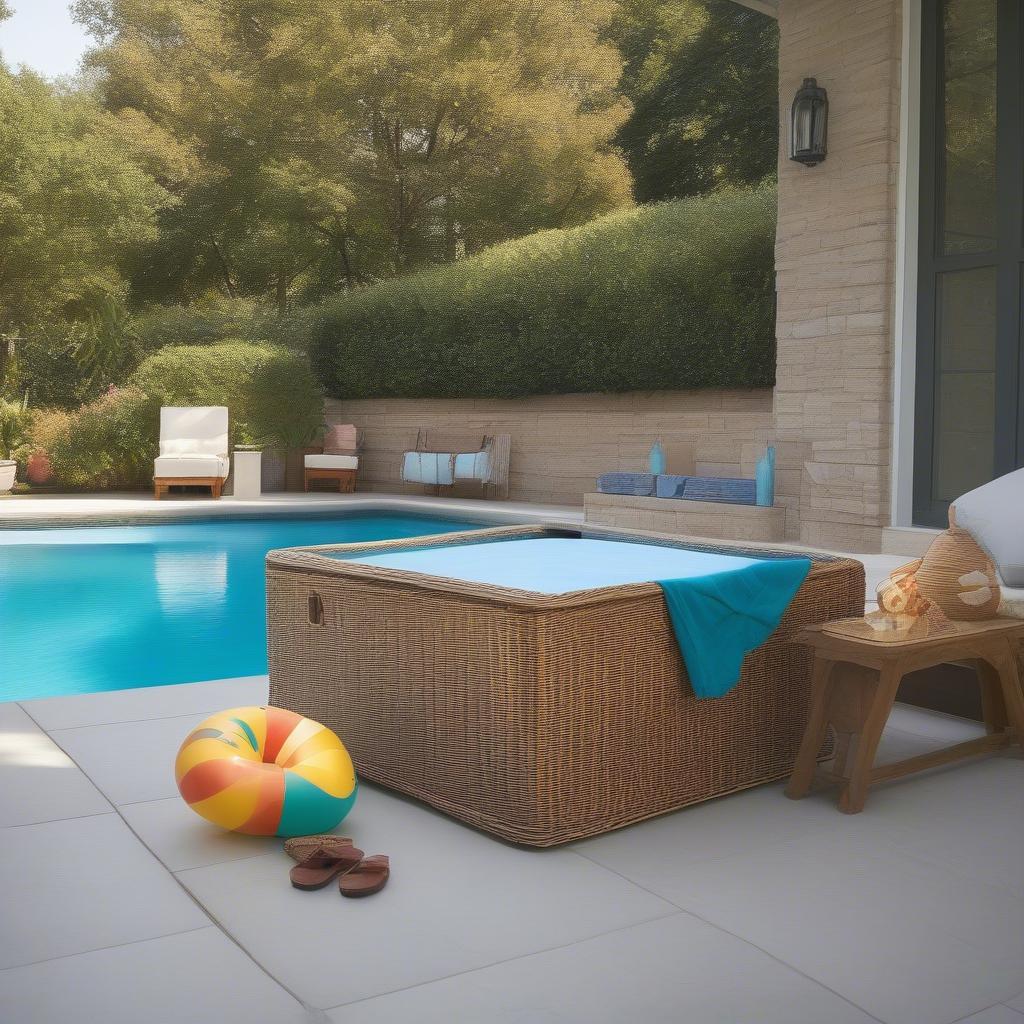 Wicker float storage by the poolside, keeping pool floats organized and the area tidy.