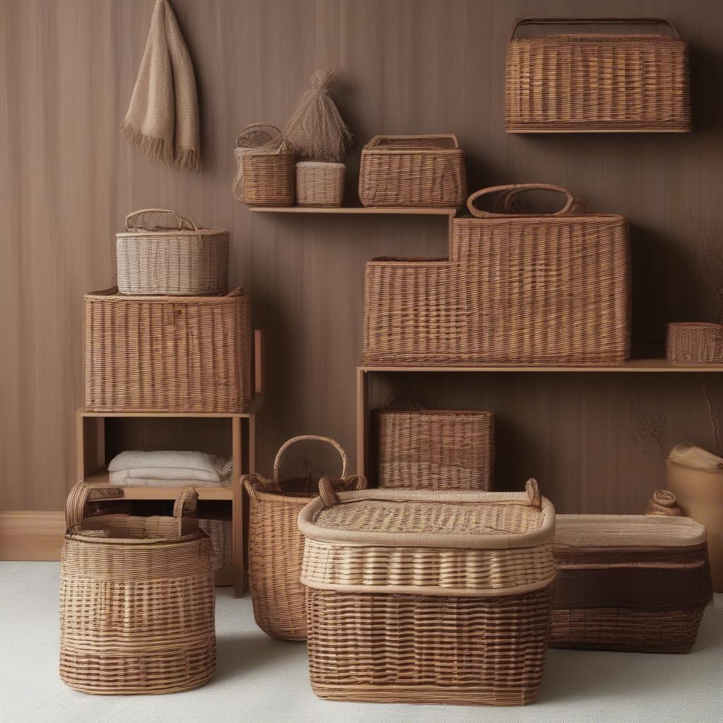 Various Wicker Floor Storage Baskets in Different Sizes and Shapes