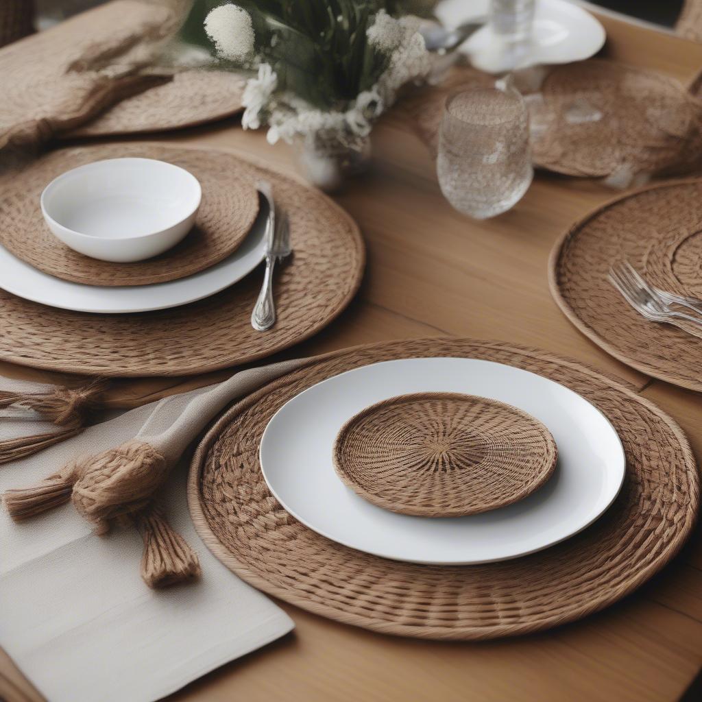 Wicker flower placemats arranged on a dining table with cutlery and plates, showcasing a rustic and elegant table setting.